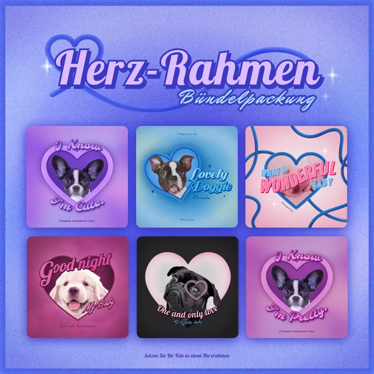 Herz Rahmen Y2K Kitsch Konzept Bundle Pack in lila und blau