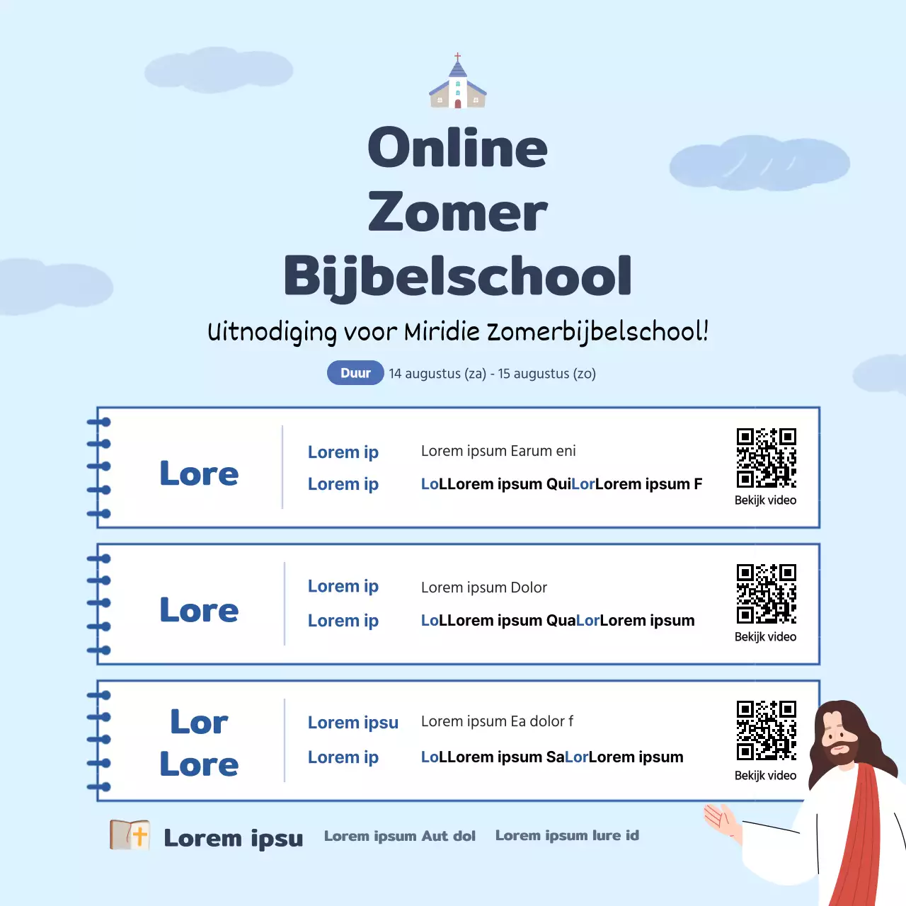 Vierkante kerkbanner voor een online zomerbijbelschool met een lichtblauwe Noteconcept-illustratie.