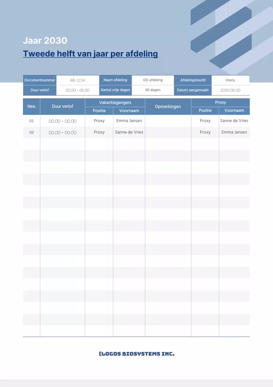 Blauw afdelingsvakantieplan