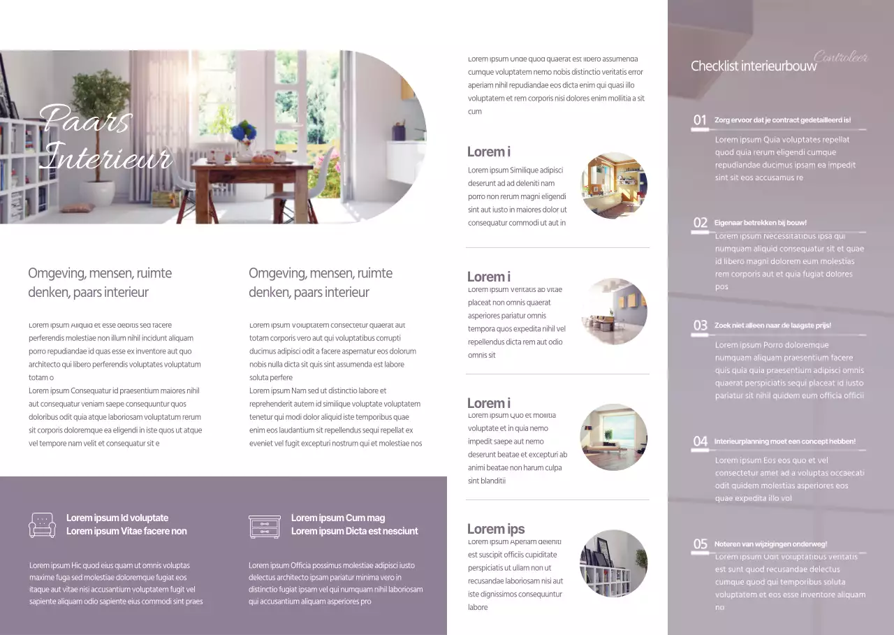 Promoot en informeer over de eenvoudige stijl van paarse interieurs