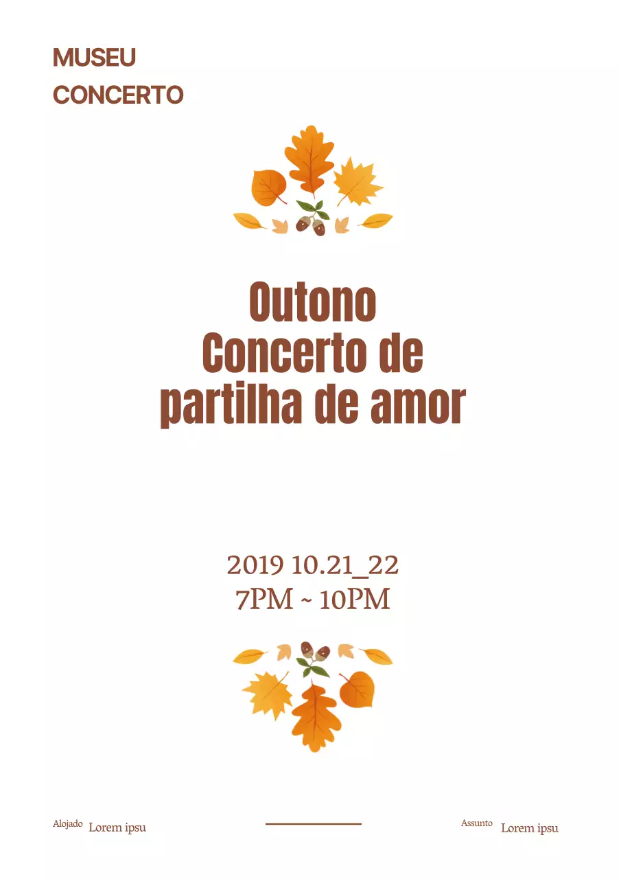 Promoção de concerto simples com ilustração de folhas castanhas caídas e bagas