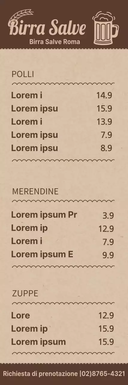 Guida al menu per una birreria di semplice concezione nei colori marrone e marrone chiaro