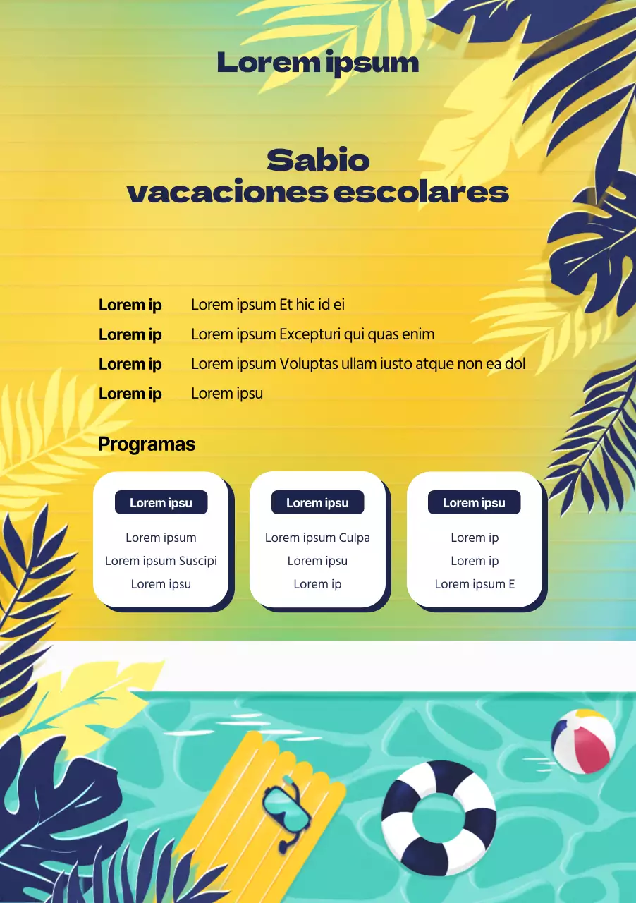 Vacaciones de verano en la piscina amarilla y azul