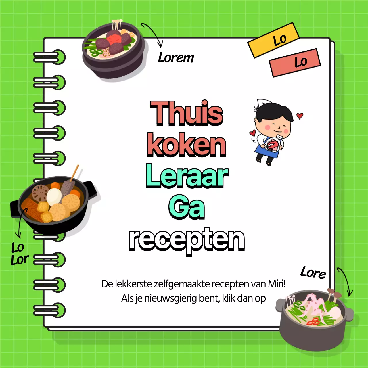 Kookrecepten met een chartreuse achtergrond met schattige illustraties