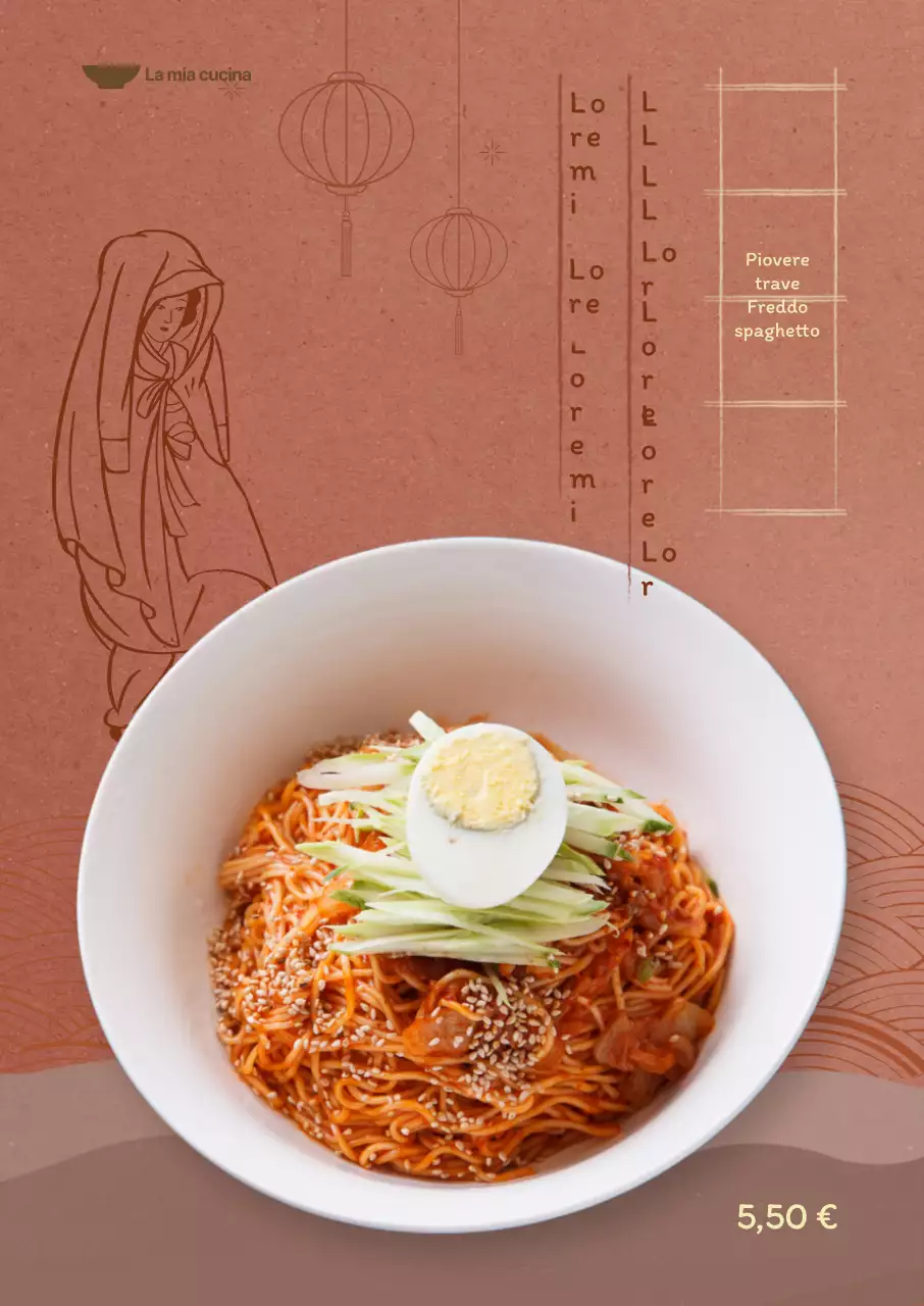 Menu estivo con sfondo rosa indaco intenso e illustrazioni orientali