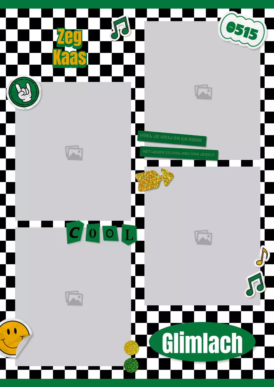 Kitscherig sticker-geïnspireerd vierkleuren fotolijstje in groen en geel