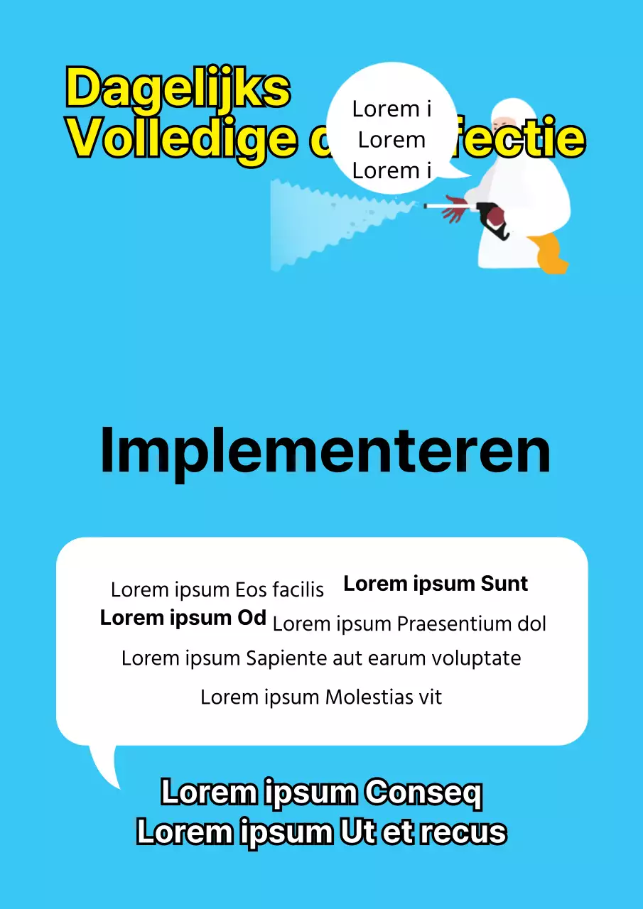 Een eenvoudige, lichtblauwe en gele flyer die de desinfectie van de winkel aankondigt.