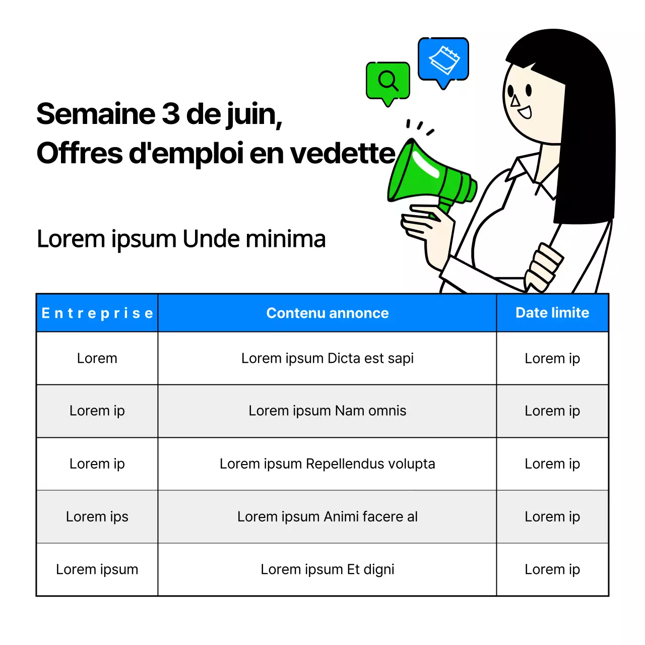 Liste d'offres d'emploi d'entreprises du secteur des technologies de l'information avec des illustrations d'entreprises simples et mignonnes dans les tons bleu clair et chartreuse.
