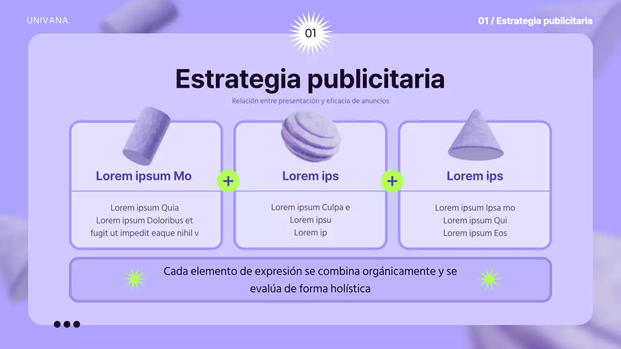 Utilizar elementos 3D sobre un fondo malva para crear una sensación de espacio que sirva de base a la estrategia publicitaria.