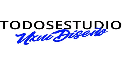 Logotipo de estudio de diseño elegante con dos fuentes en azul y negro