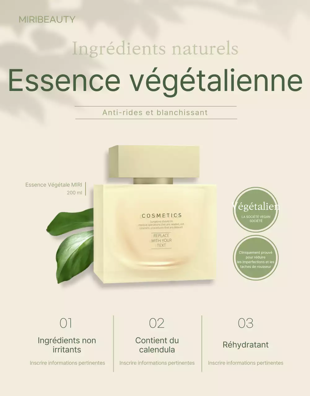 Cosmétique végétalienne en vert ivoire page de détail