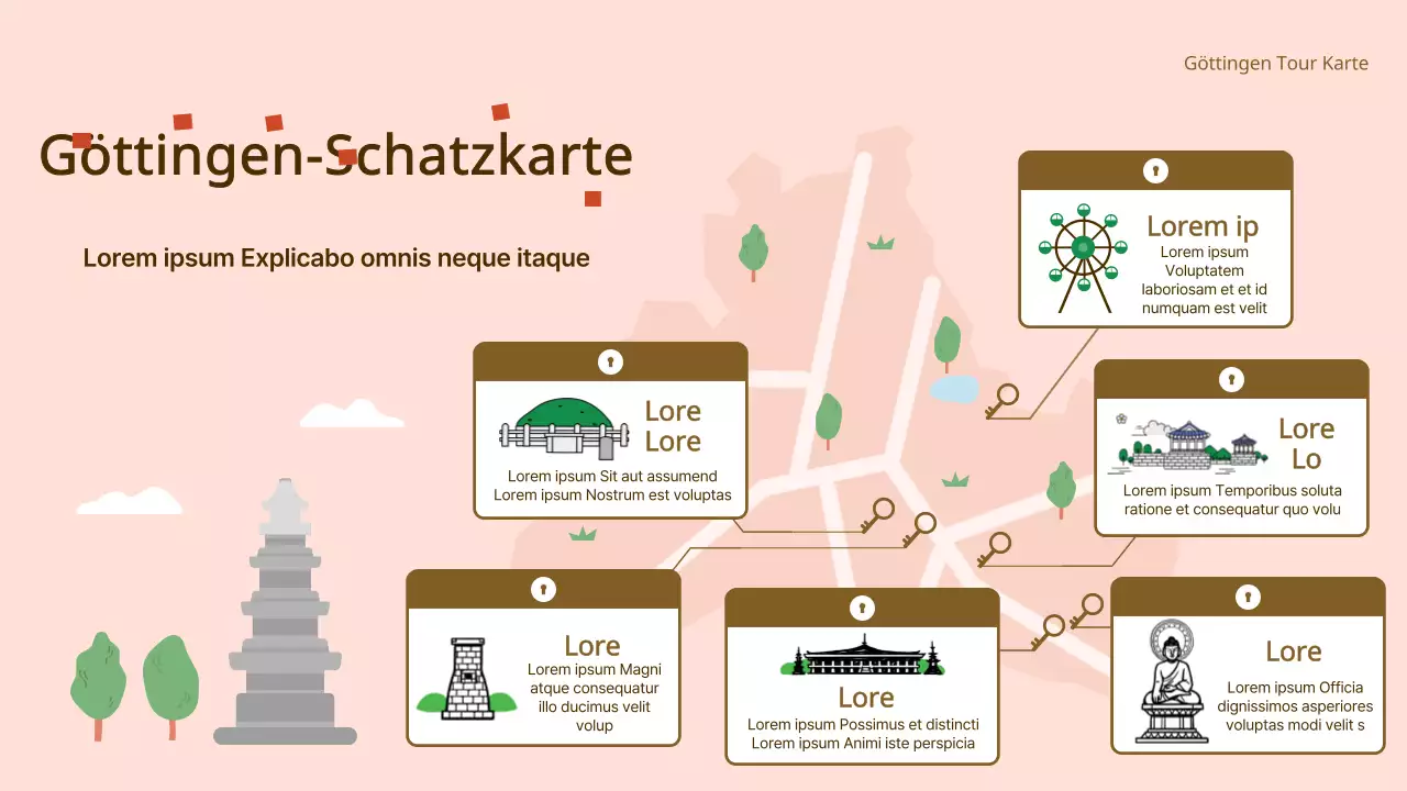 Rassentourismuskarte mit rosa und braunem Illustrationsschwerpunkt