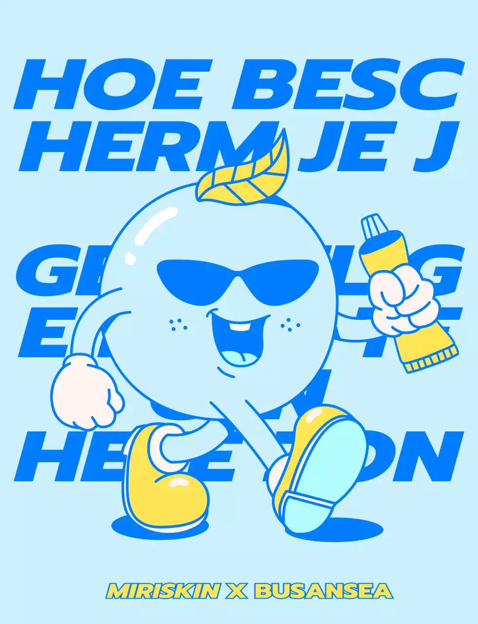 Ontwerp voor pop-up winkelpersoneel van cosmeticabedrijf met blauwe en gele wandelende karakters