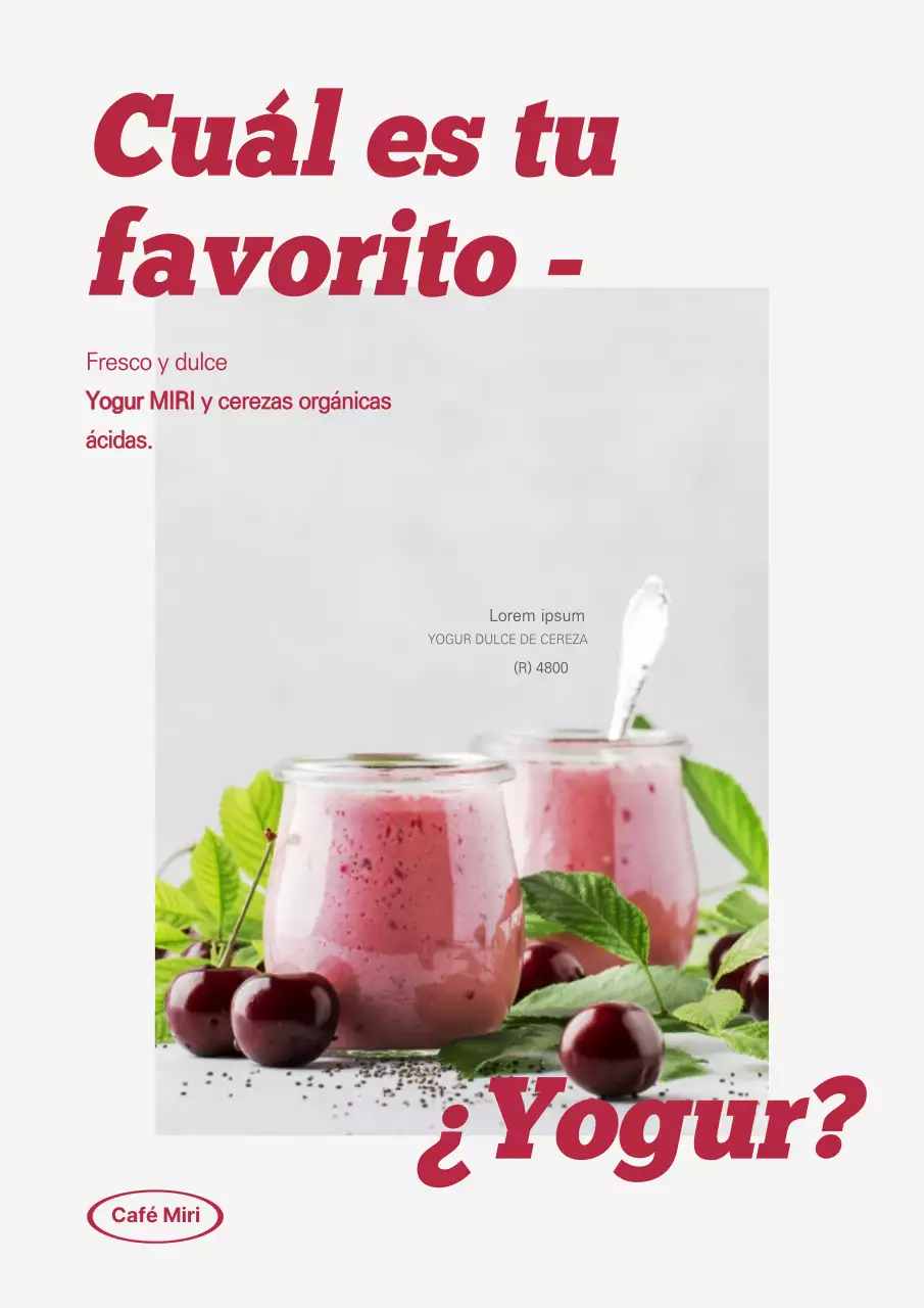 Cartel de yogur de cereza con fuentes llamativas y color rojo