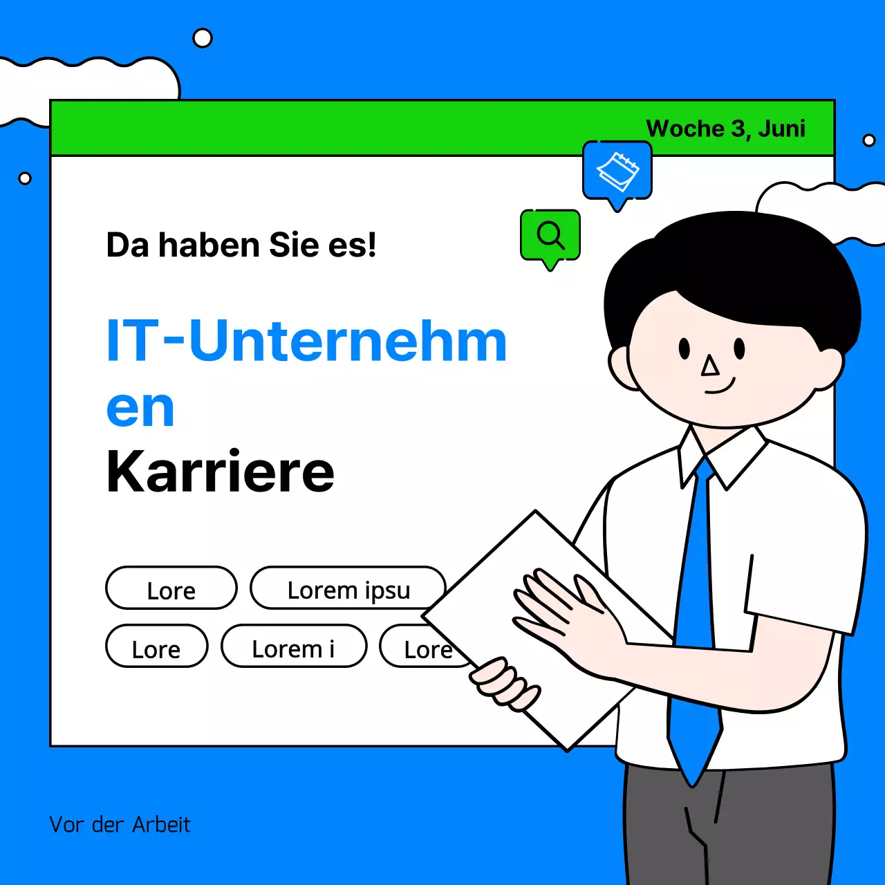 Stellenanzeigen von IT-Unternehmen mit niedlichen und einfachen Geschäftsillustrationen in Hellblau und Chartreuse.