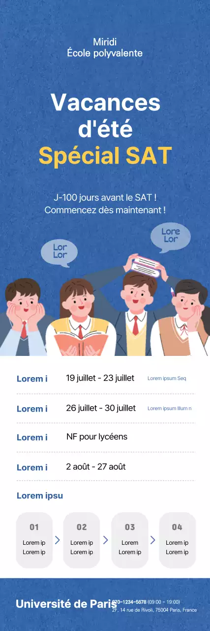 Bannière promotionnelle d'une école de préparation au SAT d'été avec illustration bleue