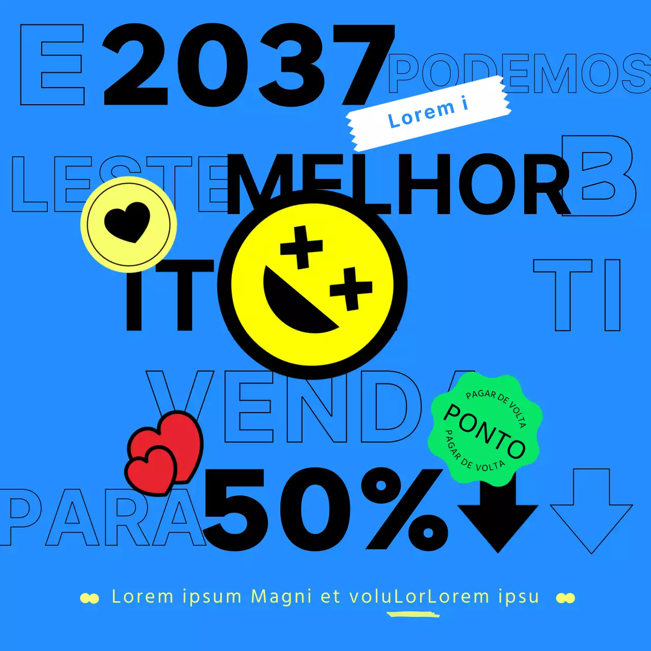 Conceito kitsch com tipografia azul e autocolantes simples e planos para uma promoção de fim de ano do primeiro semestre
