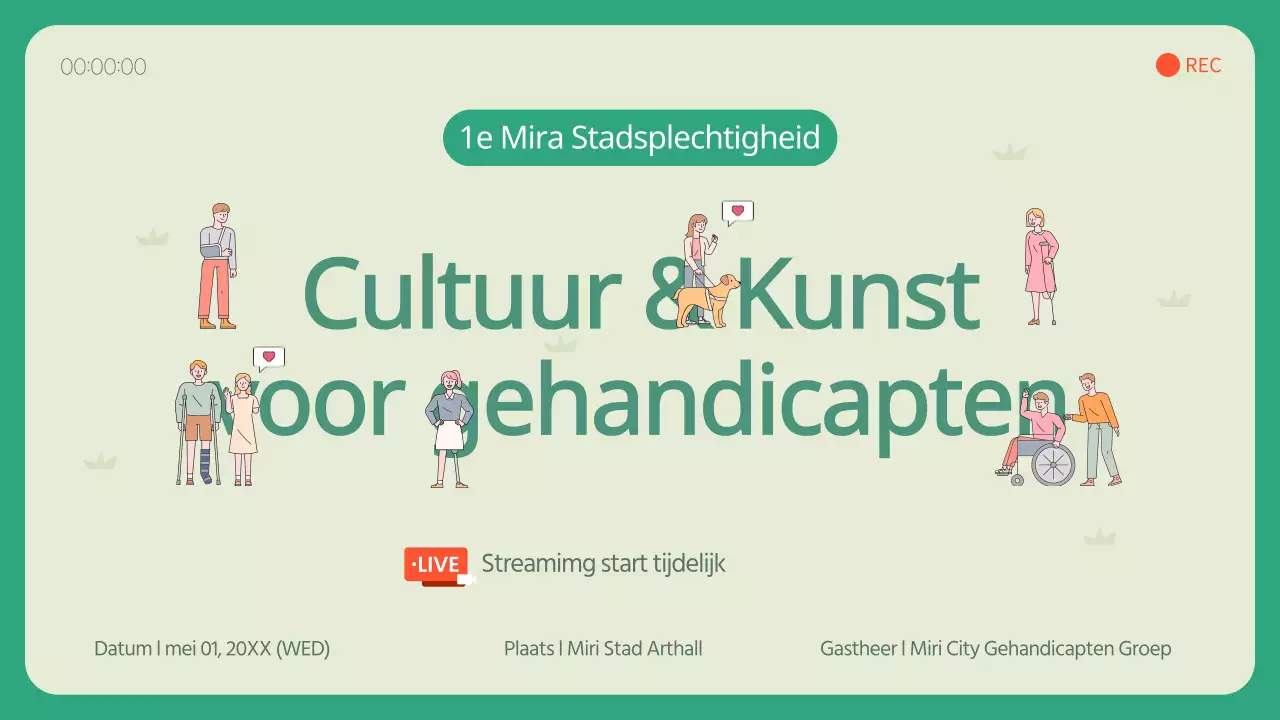 Streaminguitzending van een cultureel kunstevenement voor mensen met een handicap met een geïllustreerd concept in ivoor en groen.