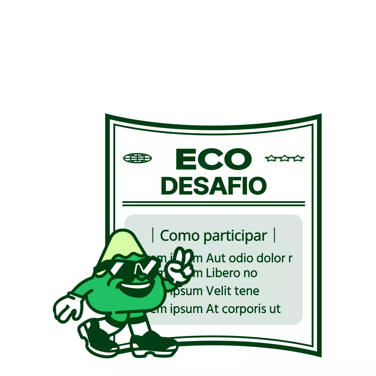 Ilustração de uma personagem gira e moderna com uma cor verde fresca Informações sobre o evento Eco Challenge