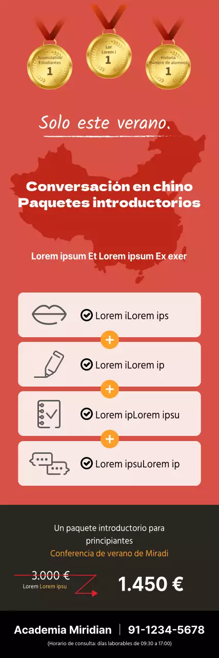 X-banner para una escuela que promociona un paquete de iniciación a la conversación en chino con una ilustración de un mapa en rojo.