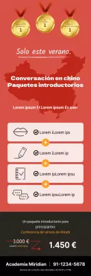 X-banner para una escuela que promociona un paquete de iniciación a la conversación en chino con una ilustración de un mapa en rojo.