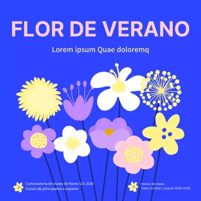 Promoción de una clase de flores con un toque azul y colorido