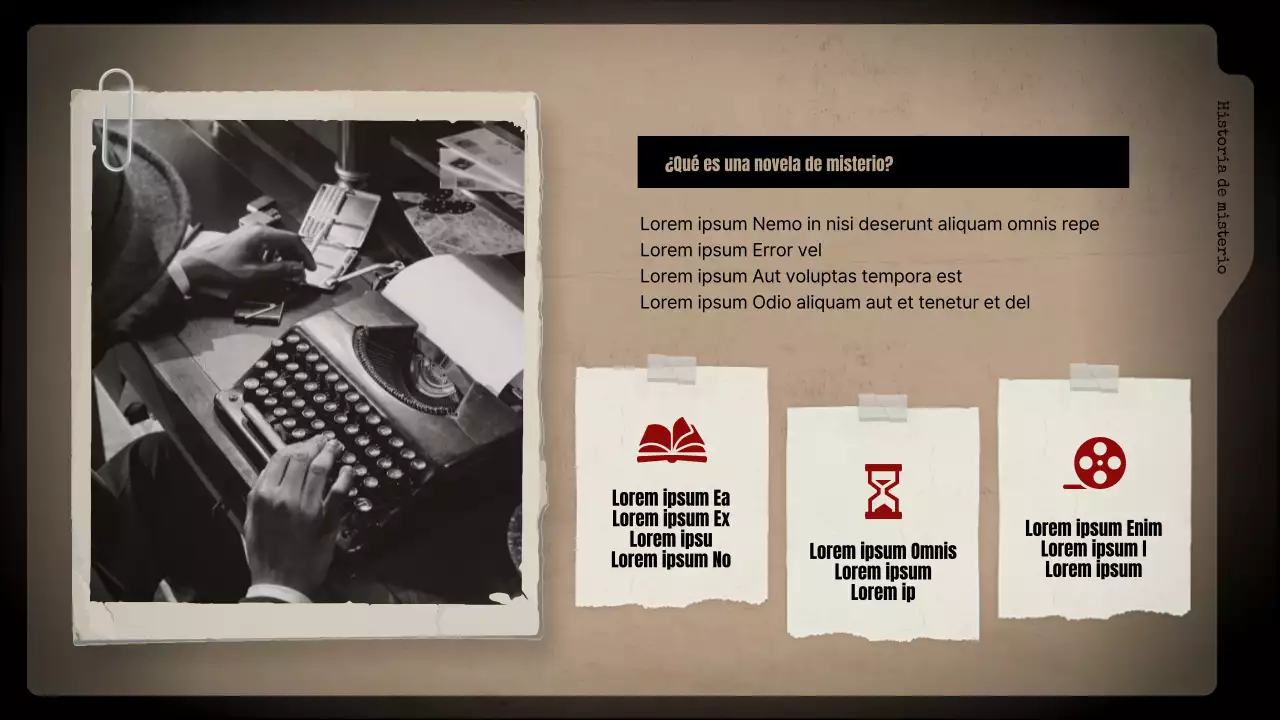 Analizar las novelas de misterio con fondo negro y archivadores marrones