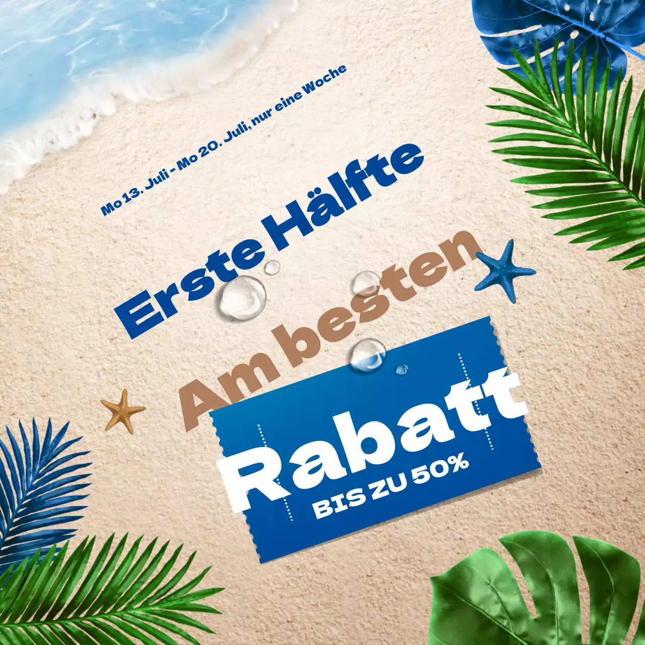 Blue Beige Sauber und tropisch am Strand Coupon-Konzept Erstes Halbjahr Jahresende Rabattaktion