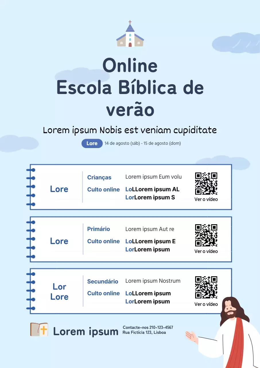 Escola bíblica de verão online, cartaz com retrato de igreja e nota-conceito azul claro ilustração