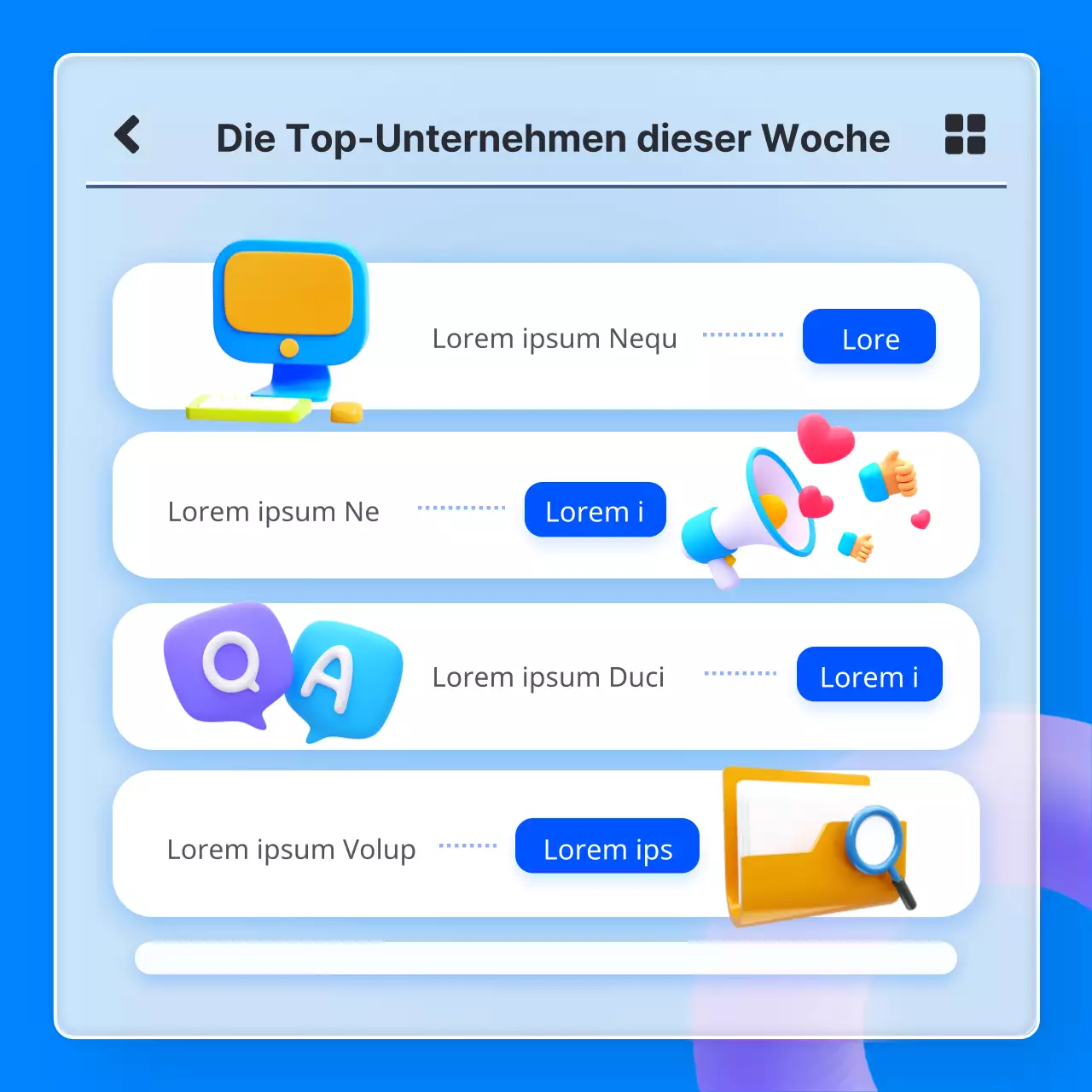 Empfohlene Jobliste für IT-Unternehmen mit blauem 3D-Glasmorphismus-App-Konzept