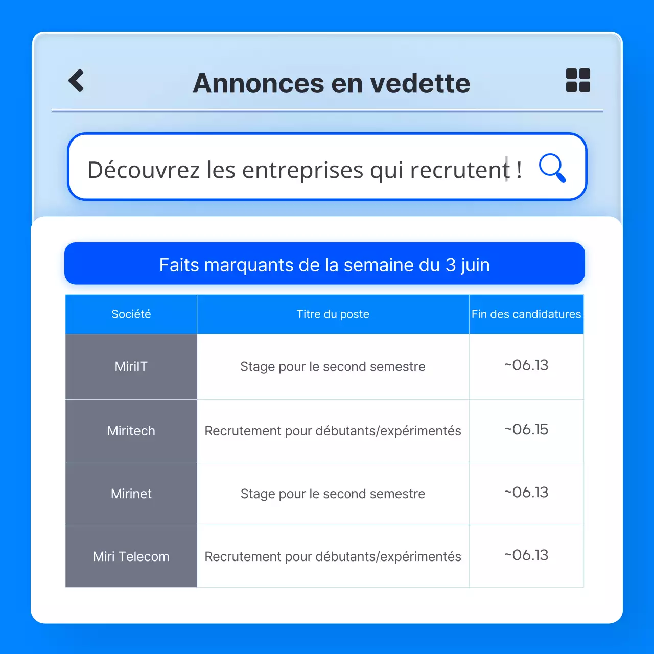 Liste d'emplois recommandés pour les entreprises informatiques avec le concept de l'application glassmorphism 3D bleu