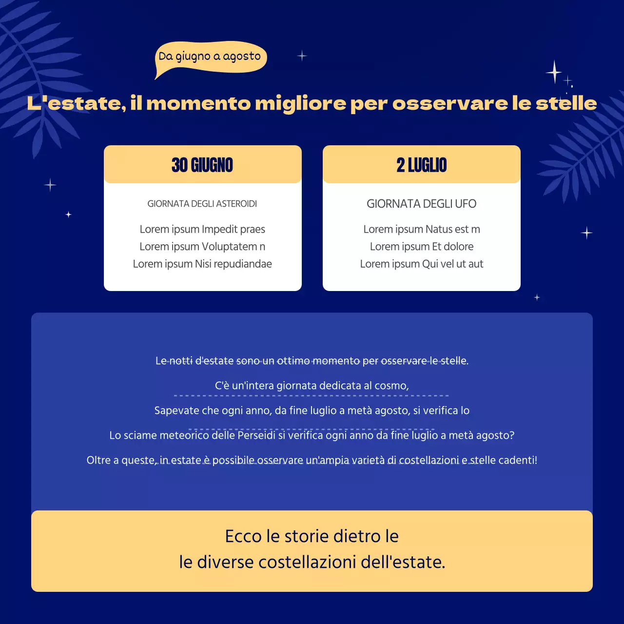 Oroscopo estivo illustrato in blu e giallo CardNews