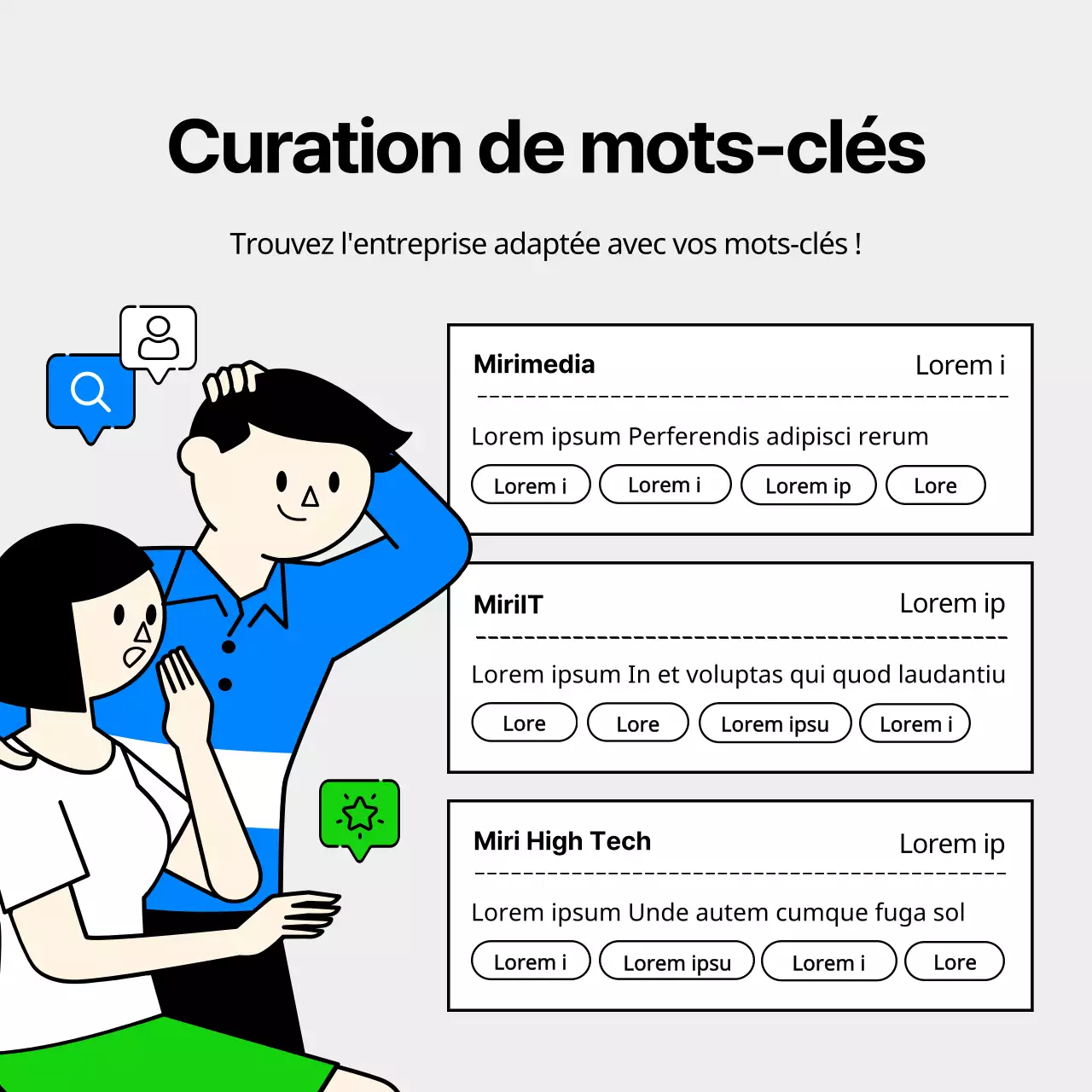 Liste d'offres d'emploi d'entreprises du secteur des technologies de l'information avec des illustrations d'entreprises simples et mignonnes dans les tons bleu clair et chartreuse.