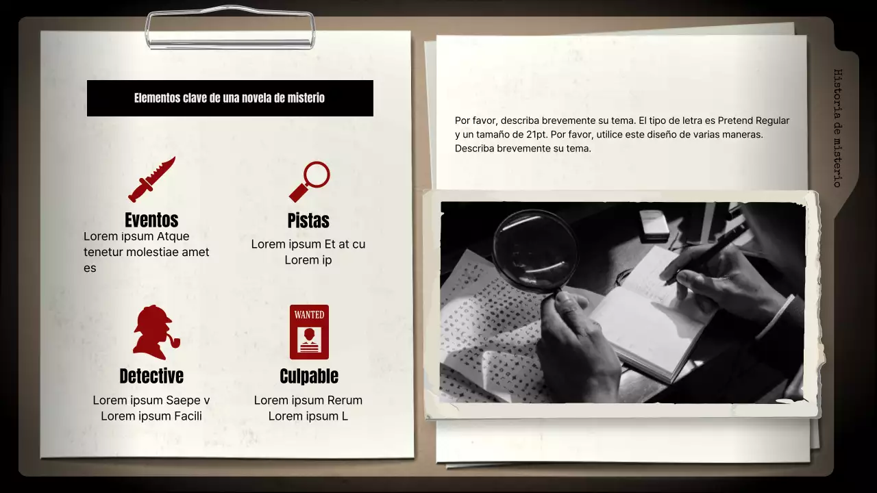 Analizar las novelas de misterio con fondo negro y archivadores marrones