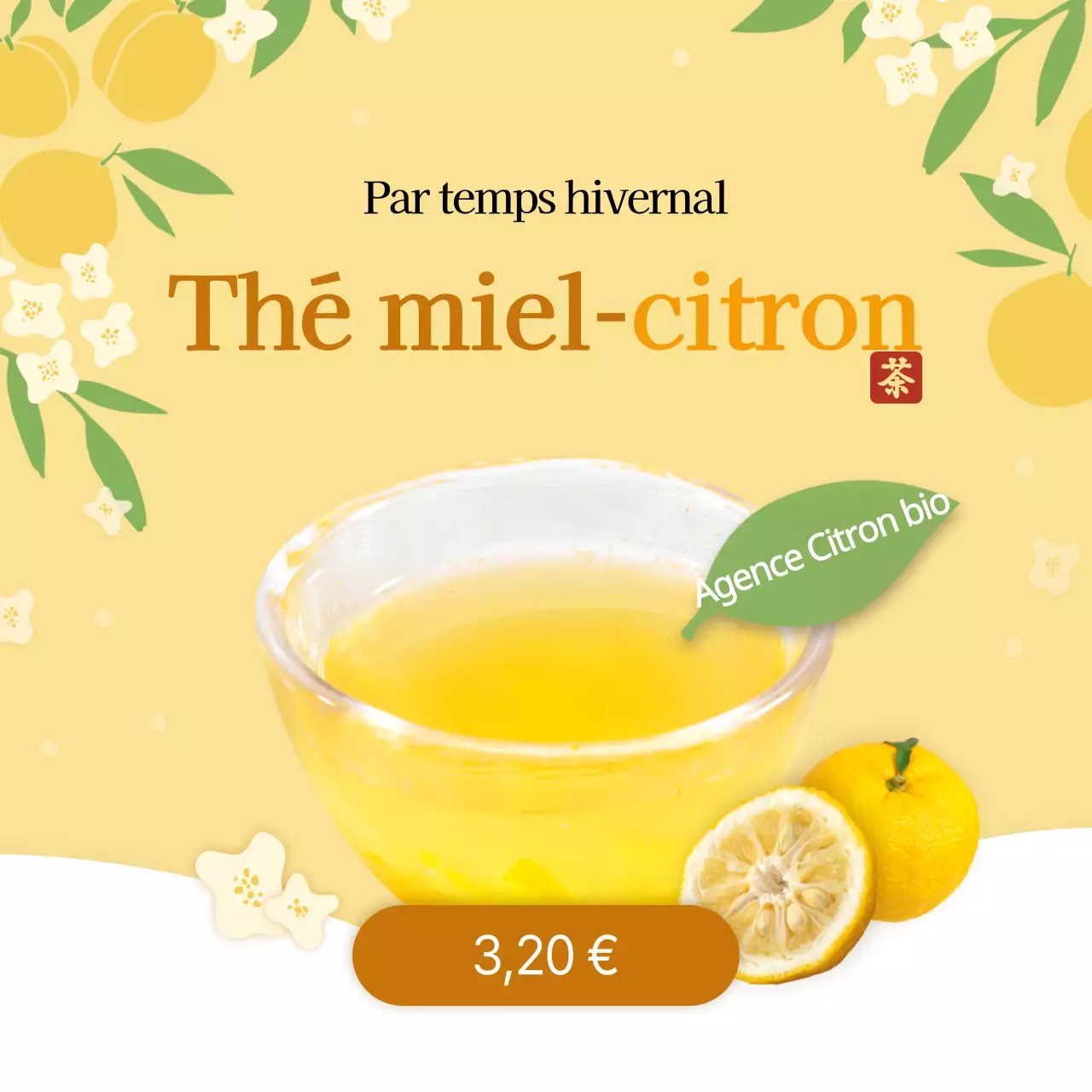 Boisson sociale à base de thé Yuzu sur fond d'illustration de fleur jaune