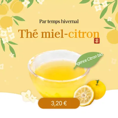 Boisson sociale à base de thé Yuzu sur fond d'illustration de fleur jaune