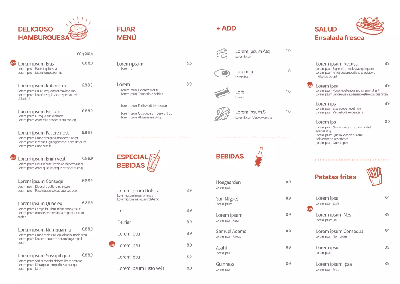 Tablero de promoción y menú de hamburguesas rojo y blanco de estilo sencillo hecho a mano