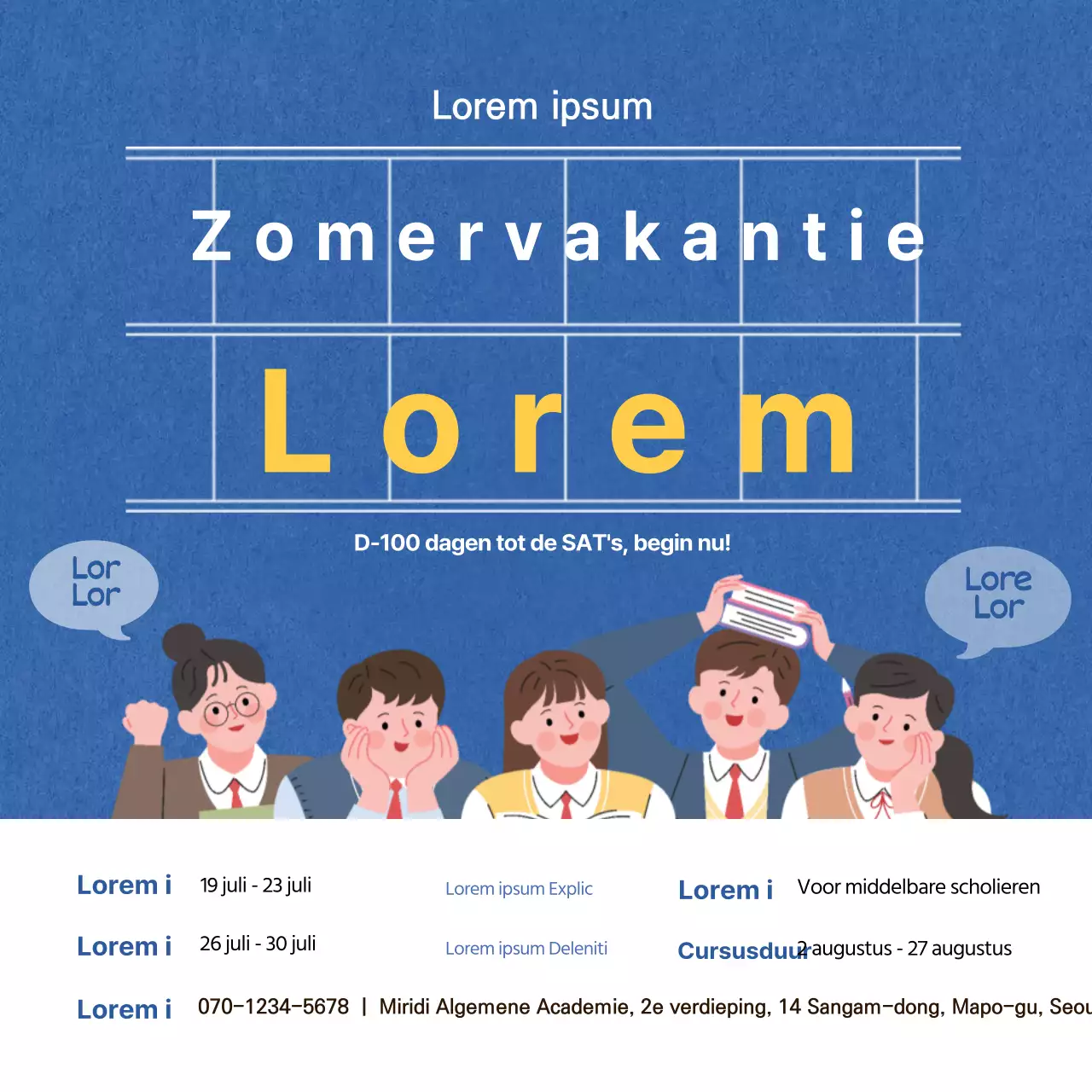 Een vierkante banner met een blauwe illustratie om een zomerschool voor SAT's te promoten.