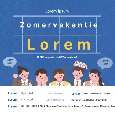 Een vierkante banner met een blauwe illustratie om een zomerschool voor SAT's te promoten.