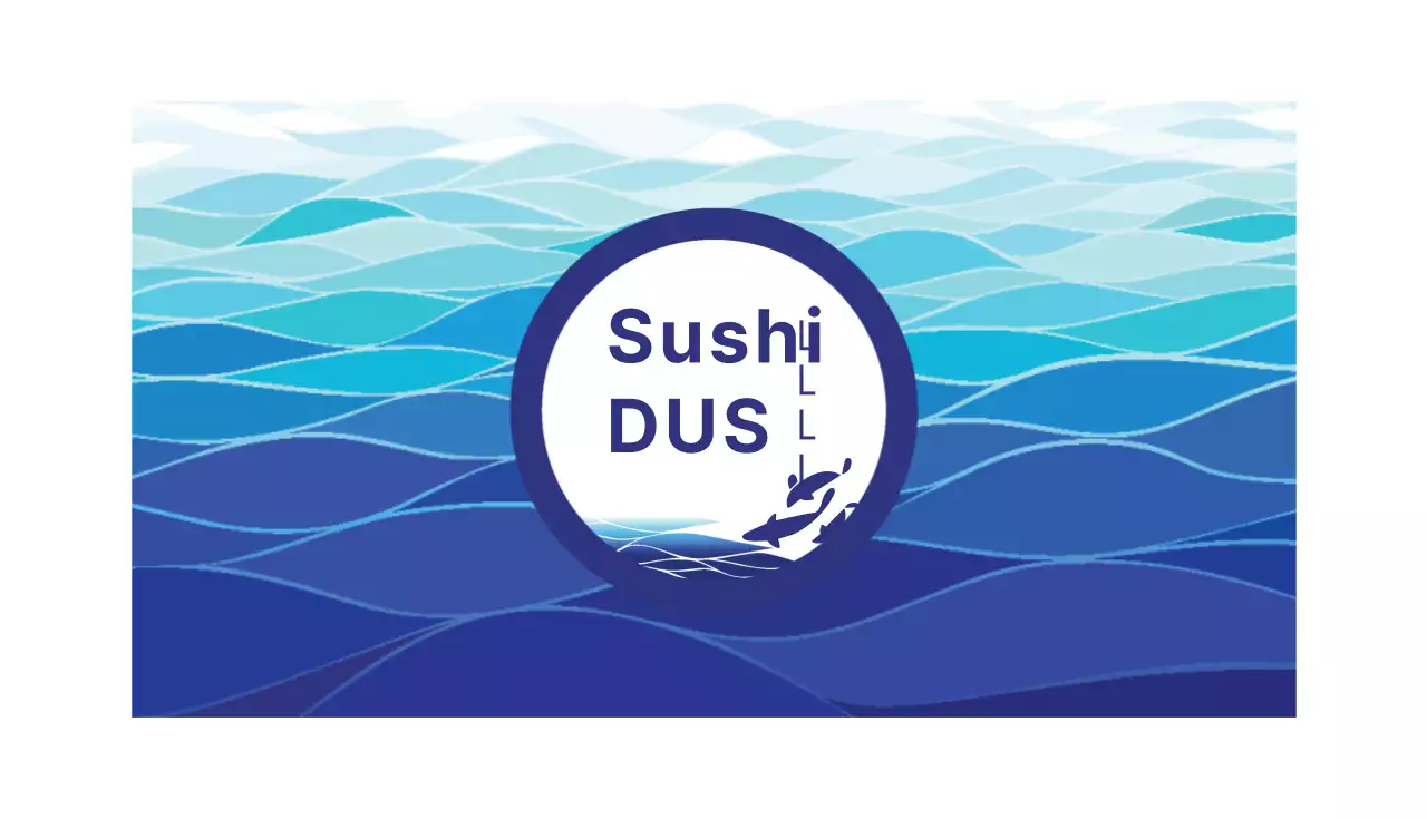Sushi restaurant stempelkaart met blauwe zee en vis illustratie