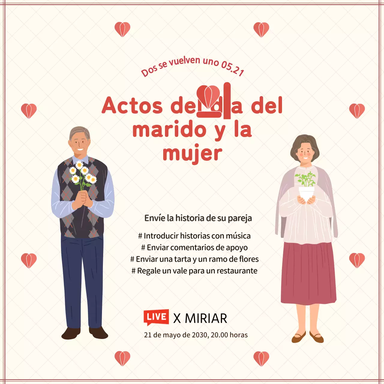 Anuncio de un acto del Día de la Pareja en beige y rojo