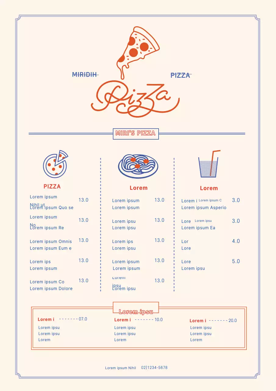 Illustration d'un mignon personnage bleu et rouge pour un flyer de pizzeria