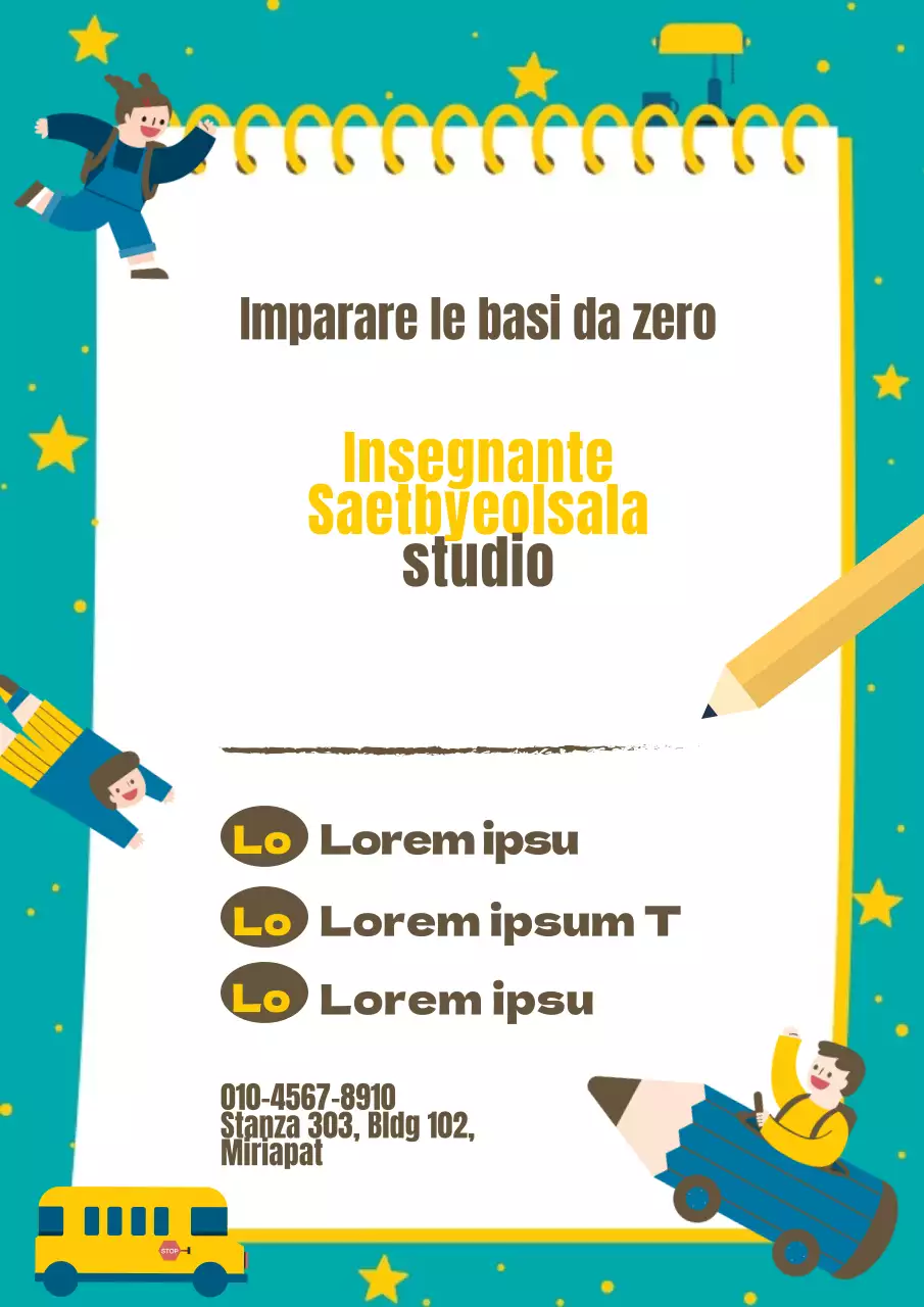 Promuovere una scuola di matematica con stelle turchesi e gialle e simpatici personaggi per bambini