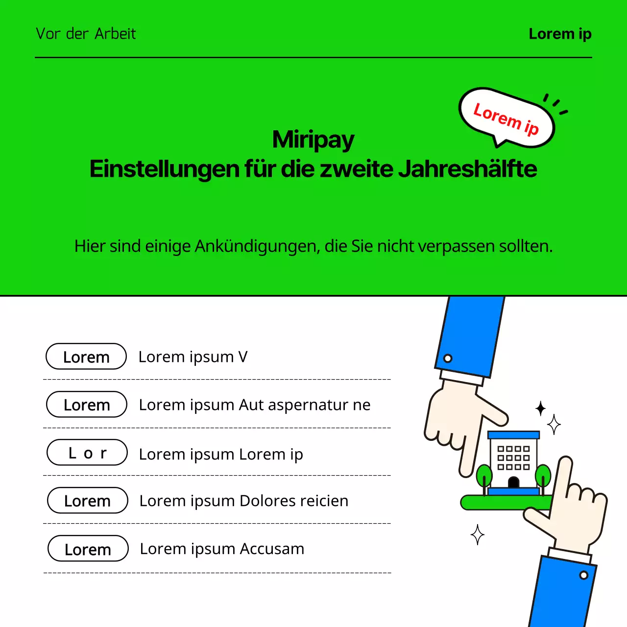Stellenanzeigen von IT-Unternehmen mit niedlichen und einfachen Geschäftsillustrationen in Hellblau und Chartreuse.