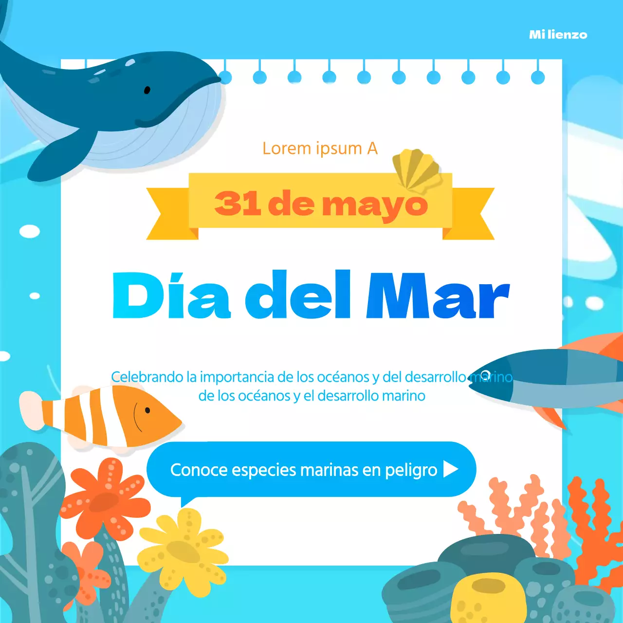 Un bonito tema azul y amarillo para el Día del Océano que presenta criaturas marinas en peligro de extinción.