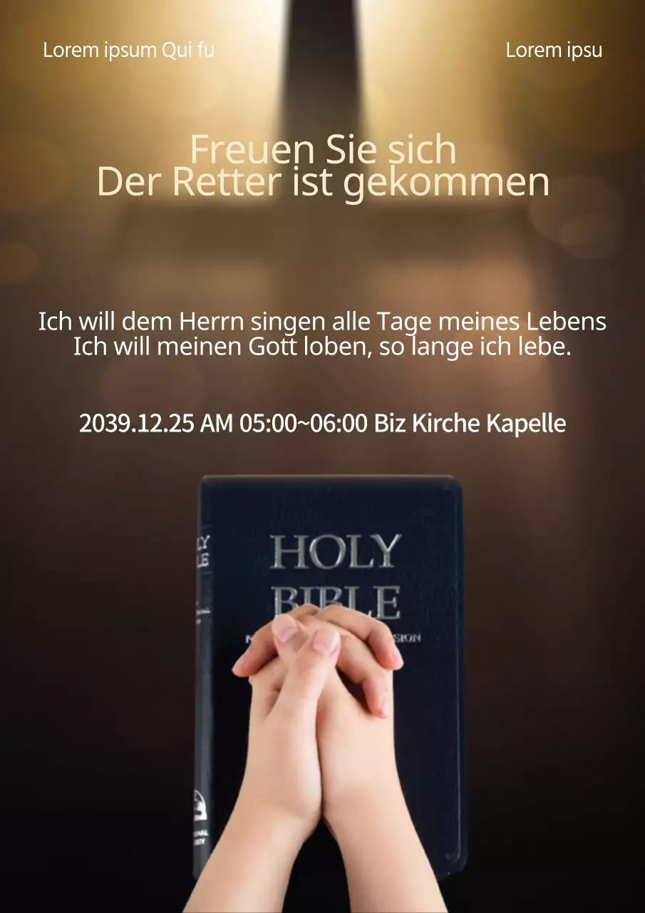 Werbung für einen stilvollen Weihnachtsgottesdienst mit gelben Bibeln und Fotos von betenden Menschen