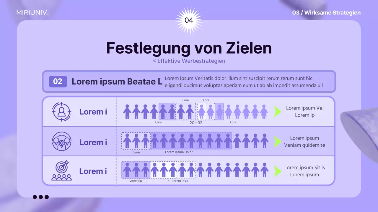 Verwenden Sie 3D-Elemente auf einem lilafarbenen Hintergrund, um ein Gefühl für den Raum zu schaffen und die Werbestrategie zu informieren.