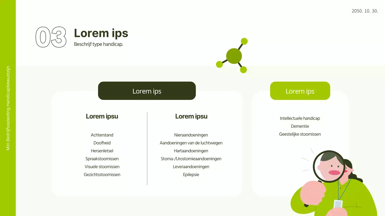 Witte en limoengroene illustratie voelt training over bewustzijn van invaliditeit PPT op de werkplek