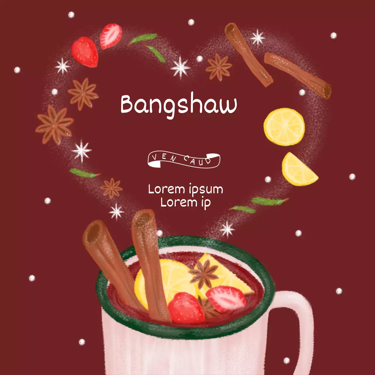 Descrição de uma bebida bangshaw com ilustração a castanho de vários ingredientes alimentares