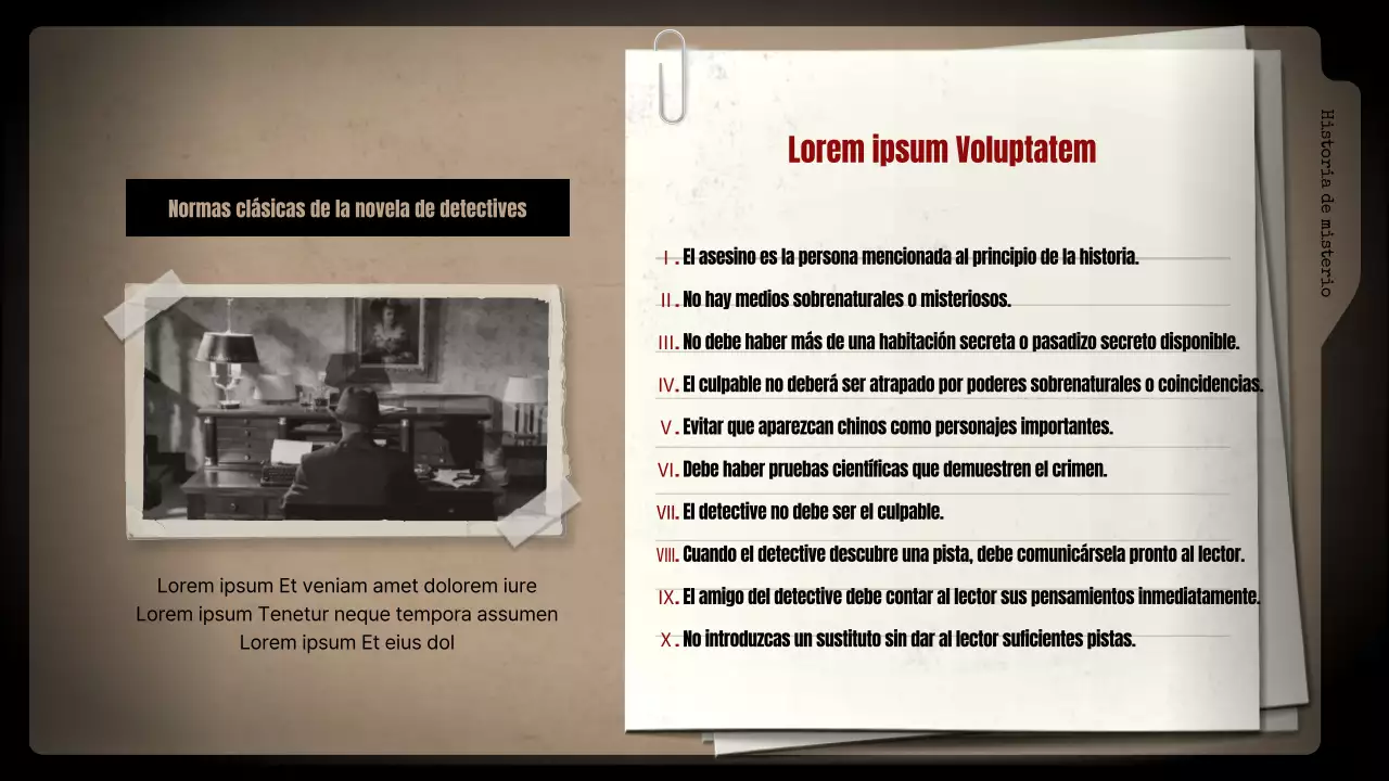 Analizar las novelas de misterio con fondo negro y archivadores marrones